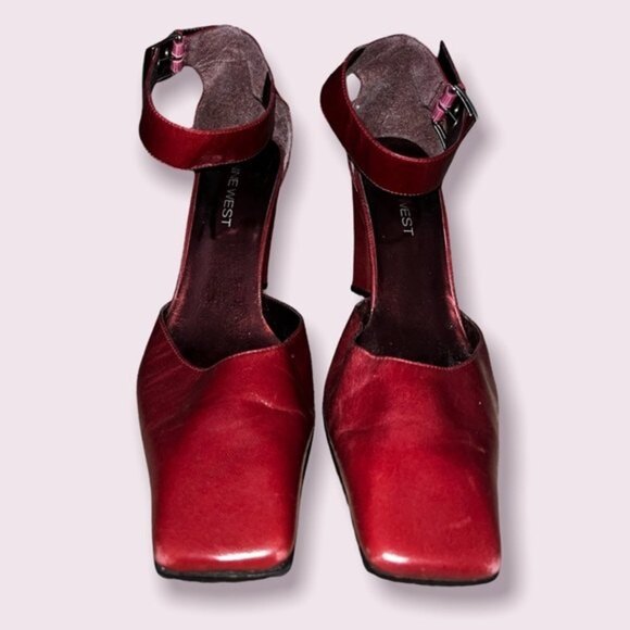 Vintage Nine West Square Toe Heels Red Y2K Ankle Strap Womens Size 9.5 - Picture 2 of 9